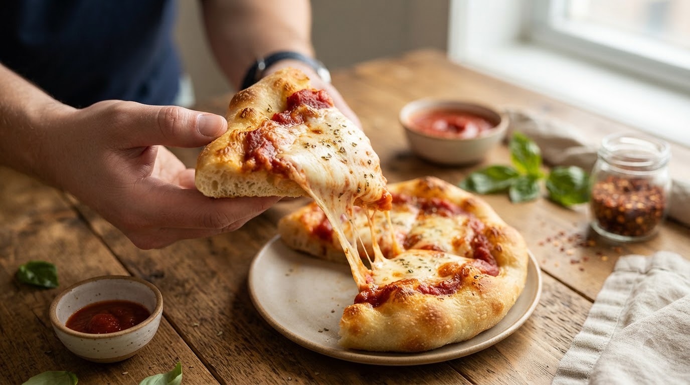Ein frisch gebackenes kleines Pizzastück mit ziehendem Käse und goldbrauner, knuspriger Kruste