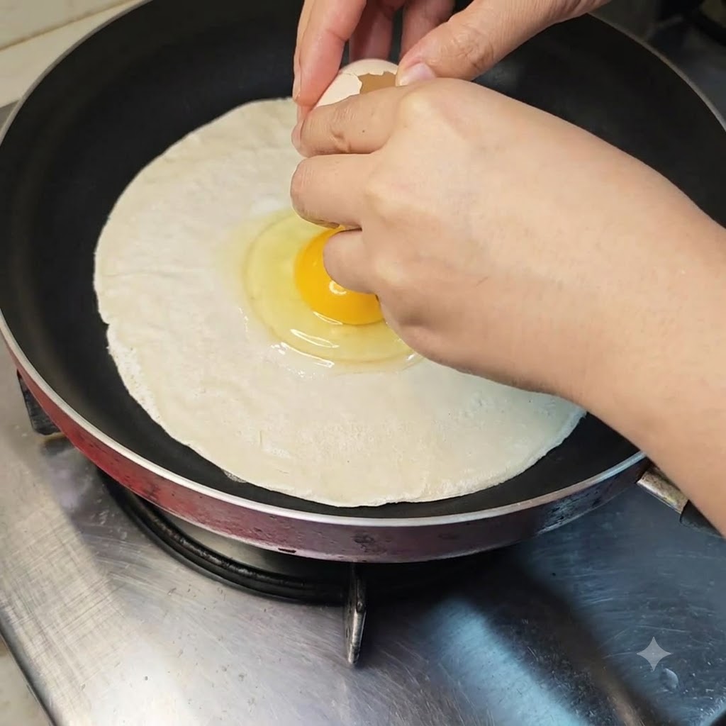 Ein Ei wird direkt auf die Mitte des rohen Frühlingszwiebel-Pfannkuchens in der Pfanne aufgeschlagen.