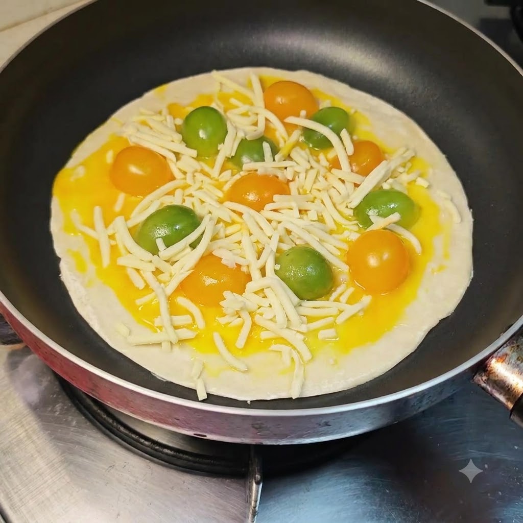 Ketchup wird im Zickzackmuster über den mit Käse bedeckten Pfannkuchen in der Pfanne verteilt.