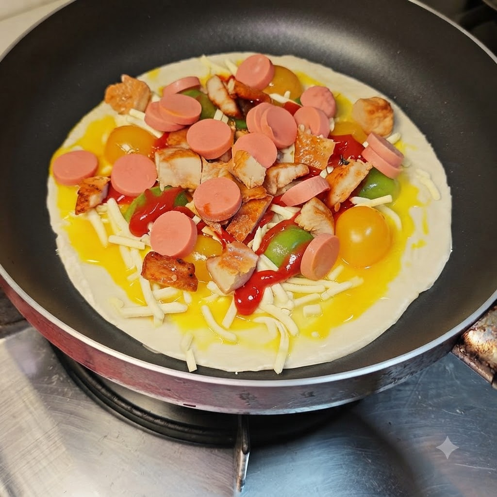 Runde Schinkenwurstscheiben werden gleichmäßig auf den Belägen in der Pfanne verteilt.