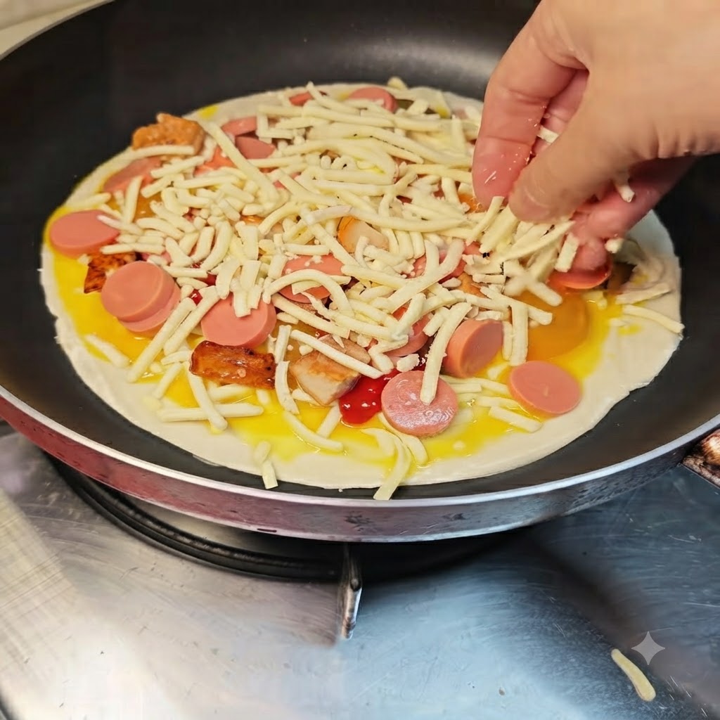 Eine Hand streut eine großzügige Handvoll geriebenen Käse über den Pizzabelag.