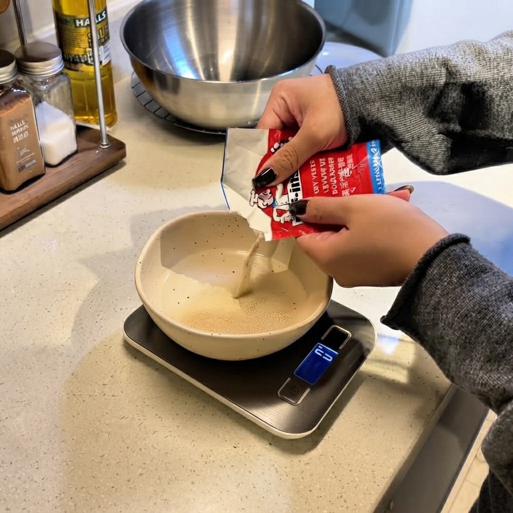 Trockenhefe wird aus einer roten Packung in eine kleine Keramikschale auf einer digitalen Waage, die mit Wasser gefüllt ist, gegossen.