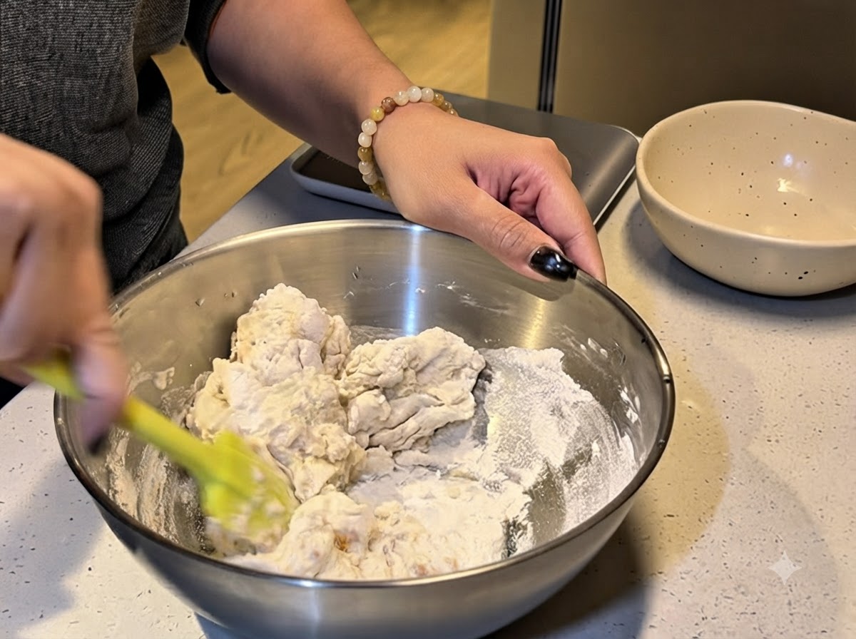 Eine Person verrührt die Teigzutaten in einer Edelstahlschüssel mit einem gelben Spatel.