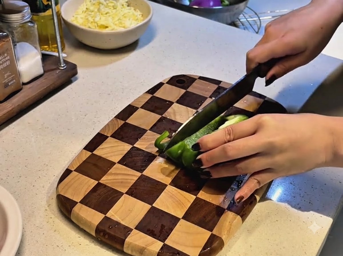 Ein Küchenmesser schneidet eine frische grüne Paprika auf einem hölzernen Schneidebrett im Schachbrettmuster.