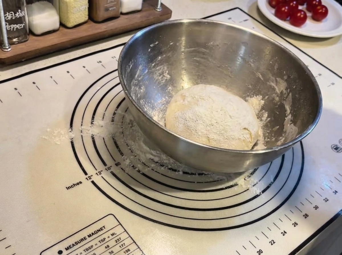 Eine runde Kugel Pizzateig, bestäubt mit Mehl, in einer Stahlschüssel auf einer Silikon-Backmatte.