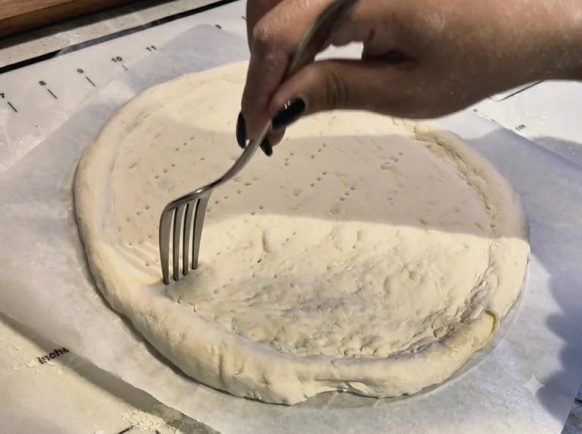 Eine Hand sticht mit einer Metallgabel kleine, gleichmäßige Löcher in die Mitte eines gedehnten Pizzateigs.