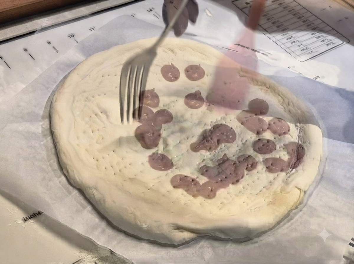 Ein rosa Silikonspatel verteilt Kleckse von Pizzasauce gleichmäßig in der Mitte des Pizzateigs.