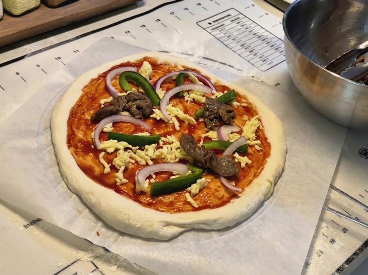 Ein Pizzaboden belegt mit Pizzasauce, geriebenem Käse, grünen Paprikastreifen, roten Zwiebelscheiben und gebratenen Rindfleischstücken.