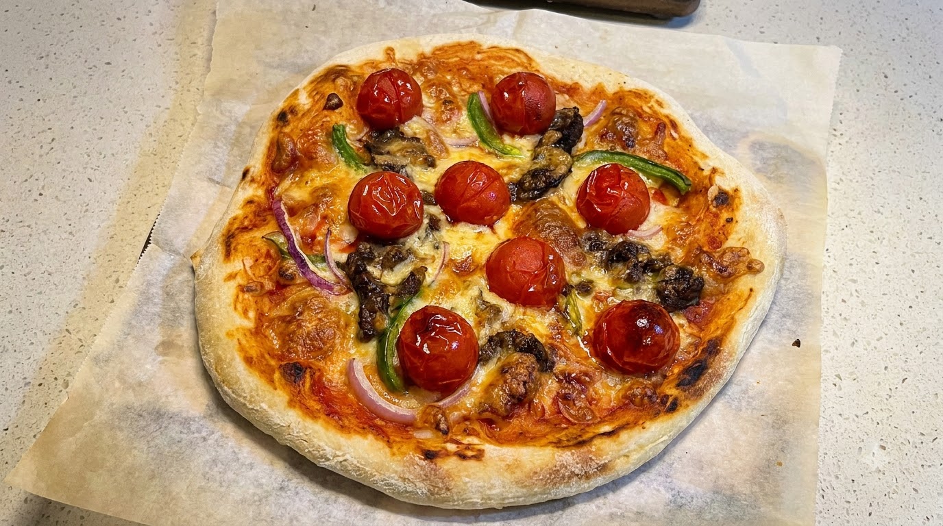 Hausgemachte Tomaten-Rindfleisch-Pizza mit Übernachtteig