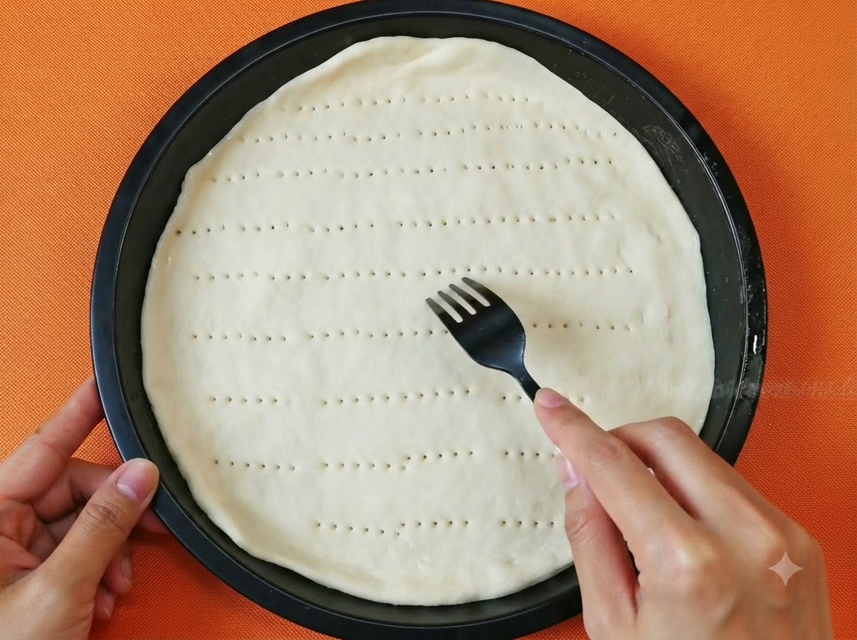 Eine Hand, die mit einer schwarzen Plastikgabel kleine Löcher in den flachen weißen Pizzateig in einer schwarzen Pfanne sticht.