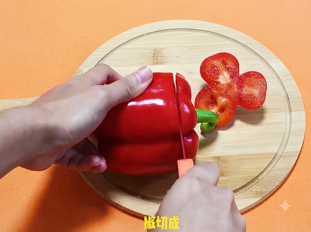 Eine Person schneidet eine große rote Paprika auf einem runden Holzschneidebrett mit einem kleinen Messer mit orangem Griff.
