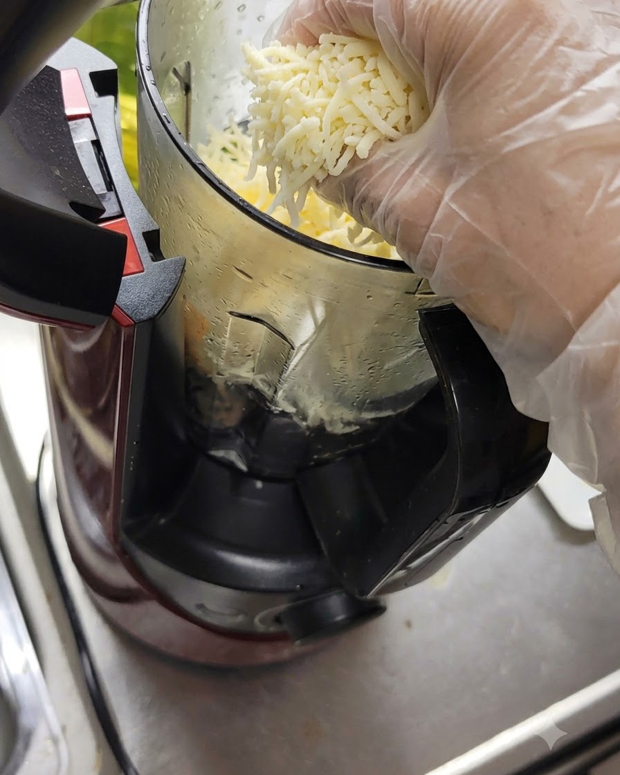 Eine behandschuhte Hand gibt frisch geriebenen Käse in den Mixbecher mit Basilikum.