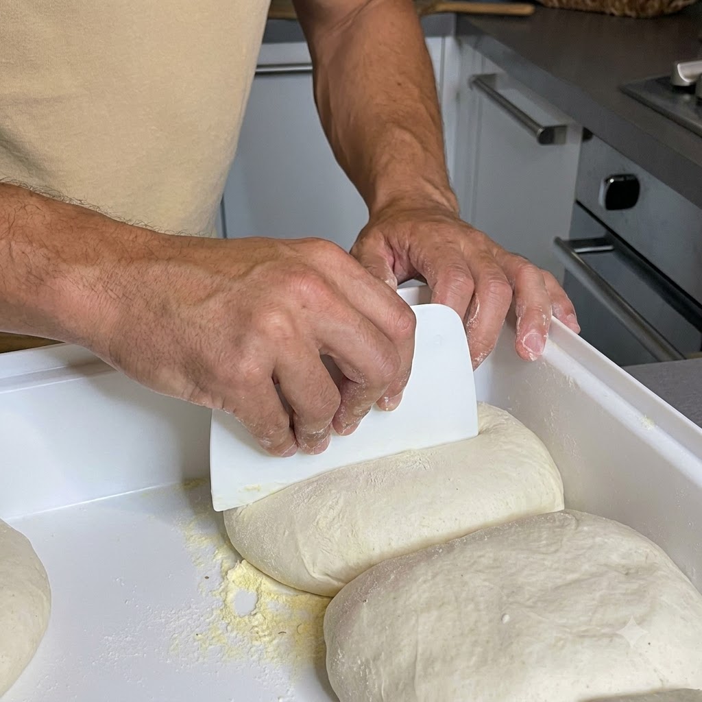 Eine Person hebt eine Pizzateigkugel mit einer Teigkarte aus einem weißen Behälter auf eine mit Maisgrieß bestreute Oberfläche.