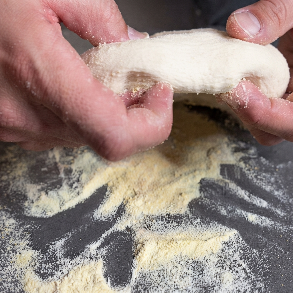 Nahaufnahme von Händen, die ein rundes Pizzateigstück auf einer dunkel gefärbten, mit Maisgrieß bestreuten Arbeitsfläche dehnen.