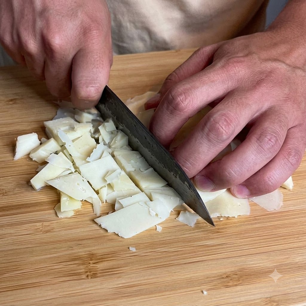 Ein Messer schneidet Käse auf einem hölzernen Schneidebrett, wobei Stücke bereit zum Mixen liegen.