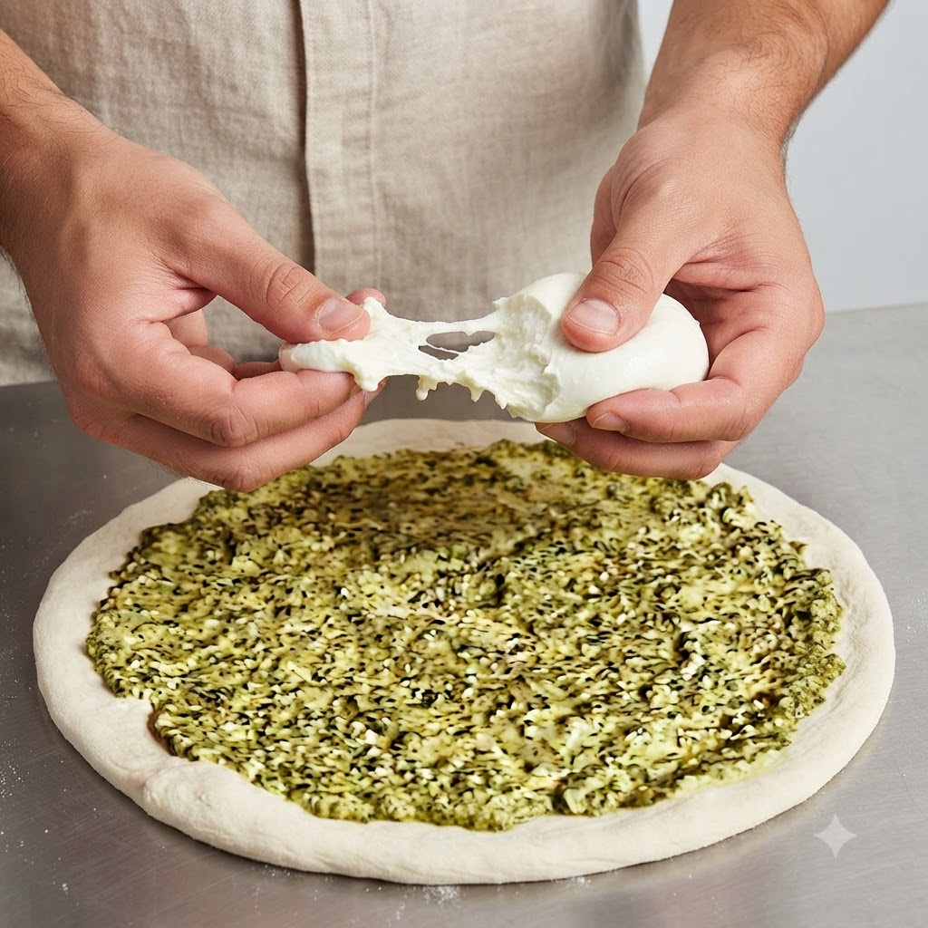 Hände zerkleinern und platzieren weiße Käsestücke auf dem pestobedeckten Pizzateig.