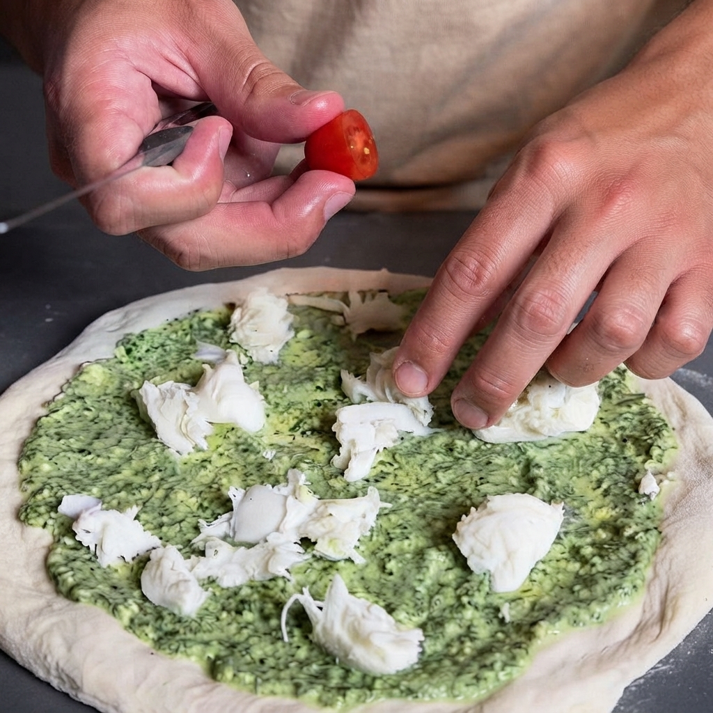 Nahaufnahme von Händen, die halbierte Kirschtomaten auf der Pizza platzieren.