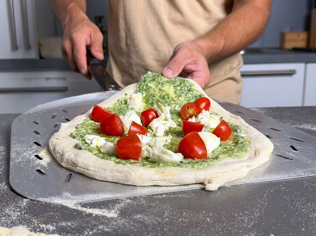 Ein Metallschieber trägt die vorbereitete Pizza beim Hineingleiten in einen heißen Pizzaofen.