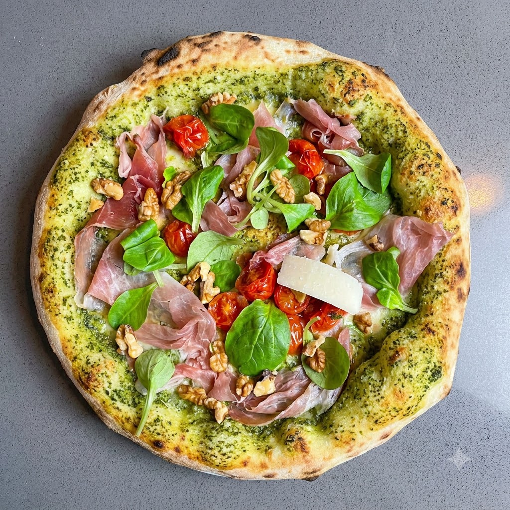 Dünne Käseribbons werden kurz vor dem Servieren mit einem Sparschäler auf eine fertige Pizza gehobelt.