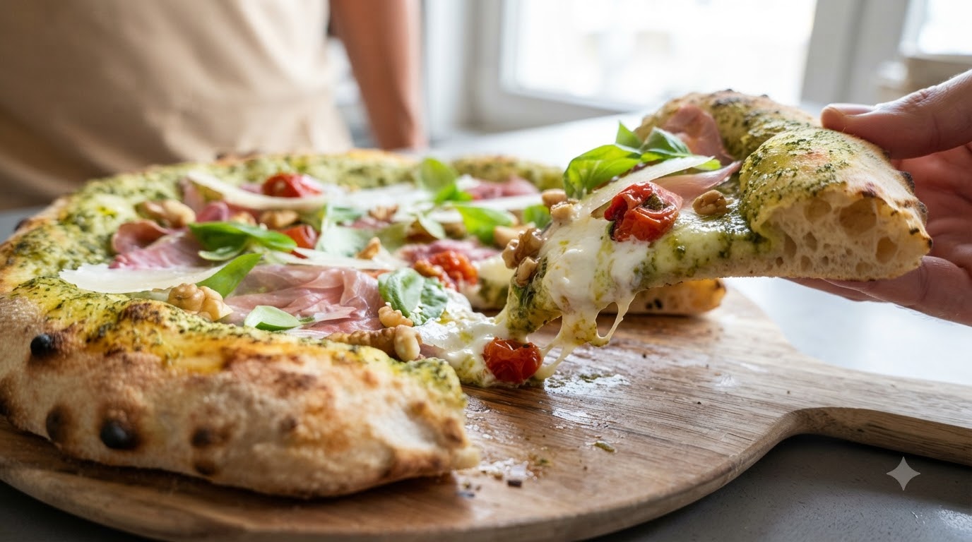 Pesto-Neapolitaner-Pizza mit Burrata, Prosciutto und Walnüssen