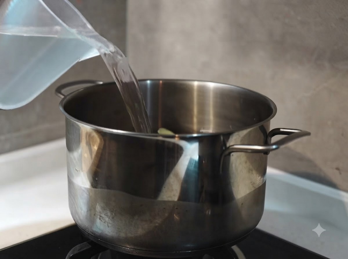 Wasser wird aus einem Plastikkrug in einen Edelstahltopf mit rohen Schweineknochen, Frühlingszwiebeln und in Scheiben geschnittenem Ingwer gegossen.
