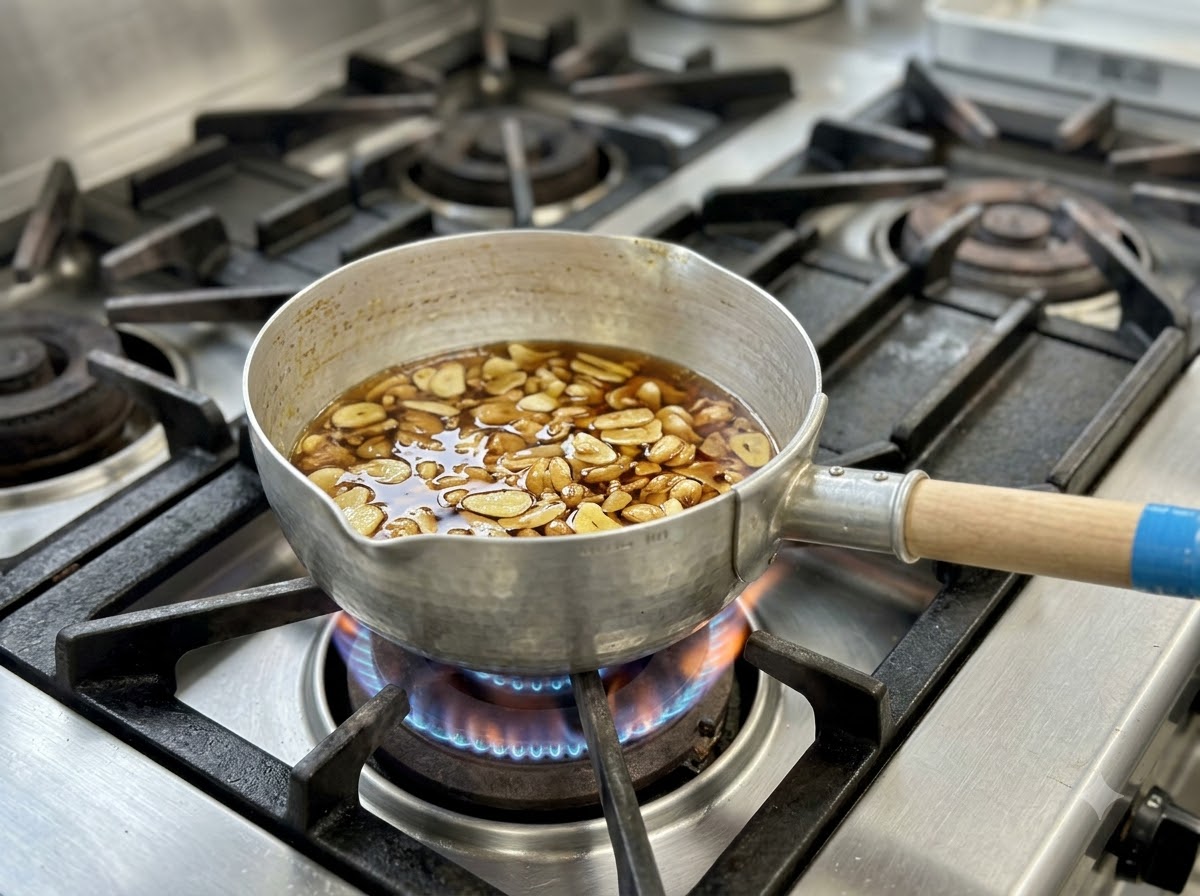 Knoblauchscheiben köcheln in Öl in einem Aluguss-Topf über einer Gasflamme.