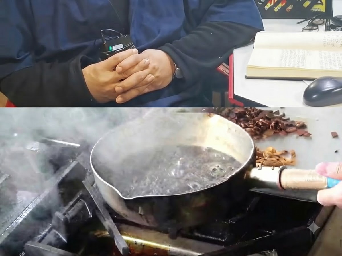 Verkohlte schwarze Knoblauchscheiben werden aus dunkel blubberndem Öl in einem Topf gehoben.