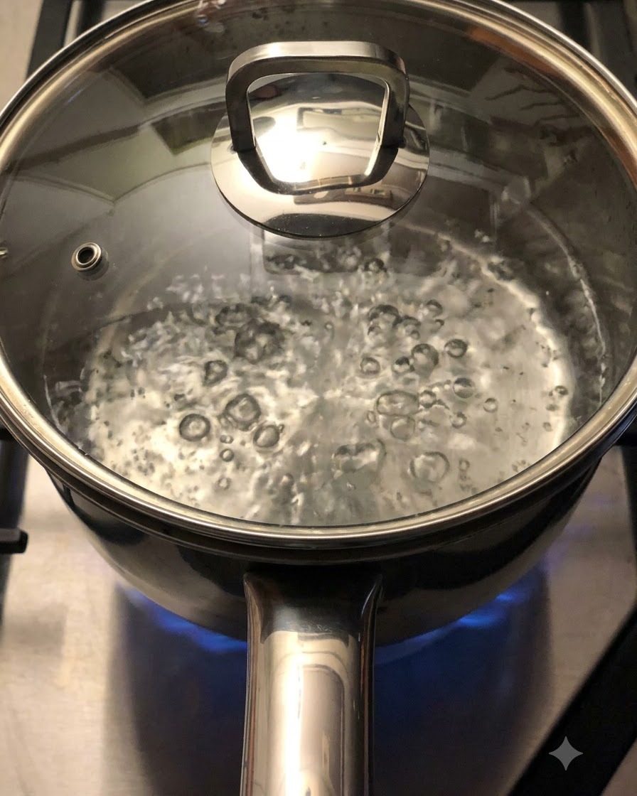 Ein klarer Glasdeckel liegt auf einem Topf mit kochendem Wasser, das auf einer Herdplatte aktiv blubbert.