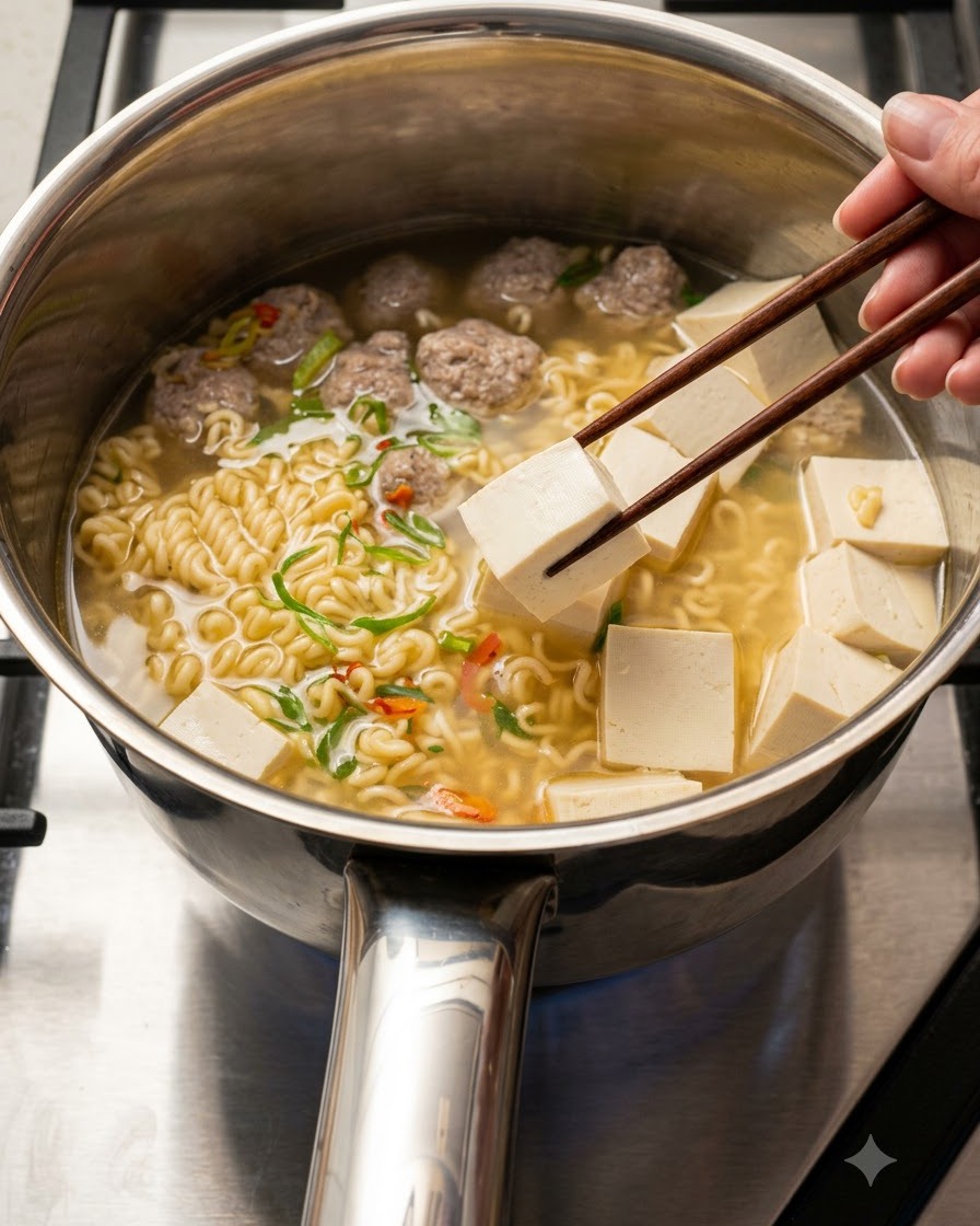 Geschnittenes Kimchi wird in den Topf mit Nudeln, Fleischbällchen und Tofu gegeben, während Essstäbchen ein Stück Tofu halten.