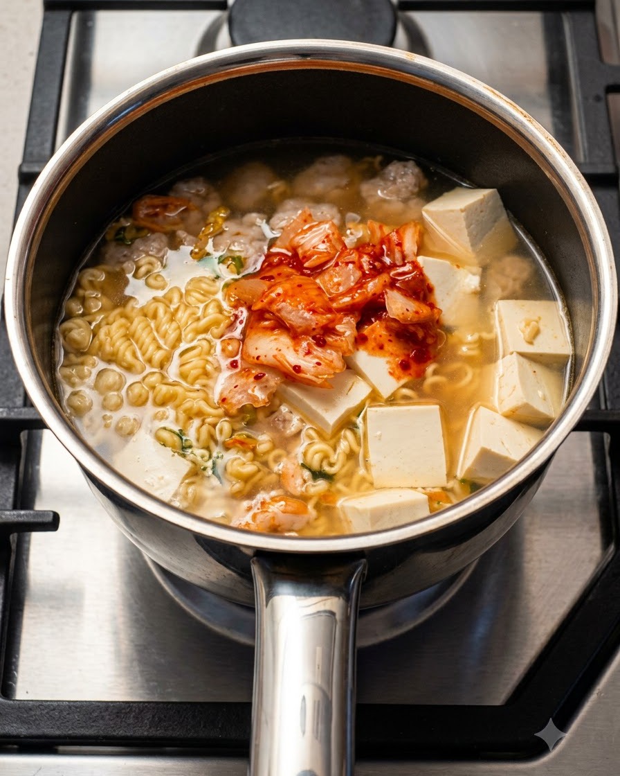 Gewürzpulver wird aus einem kleinen Päckchen direkt in einen Topf mit Brühe, Nudeln, Tofu und Kimchi gestreut.