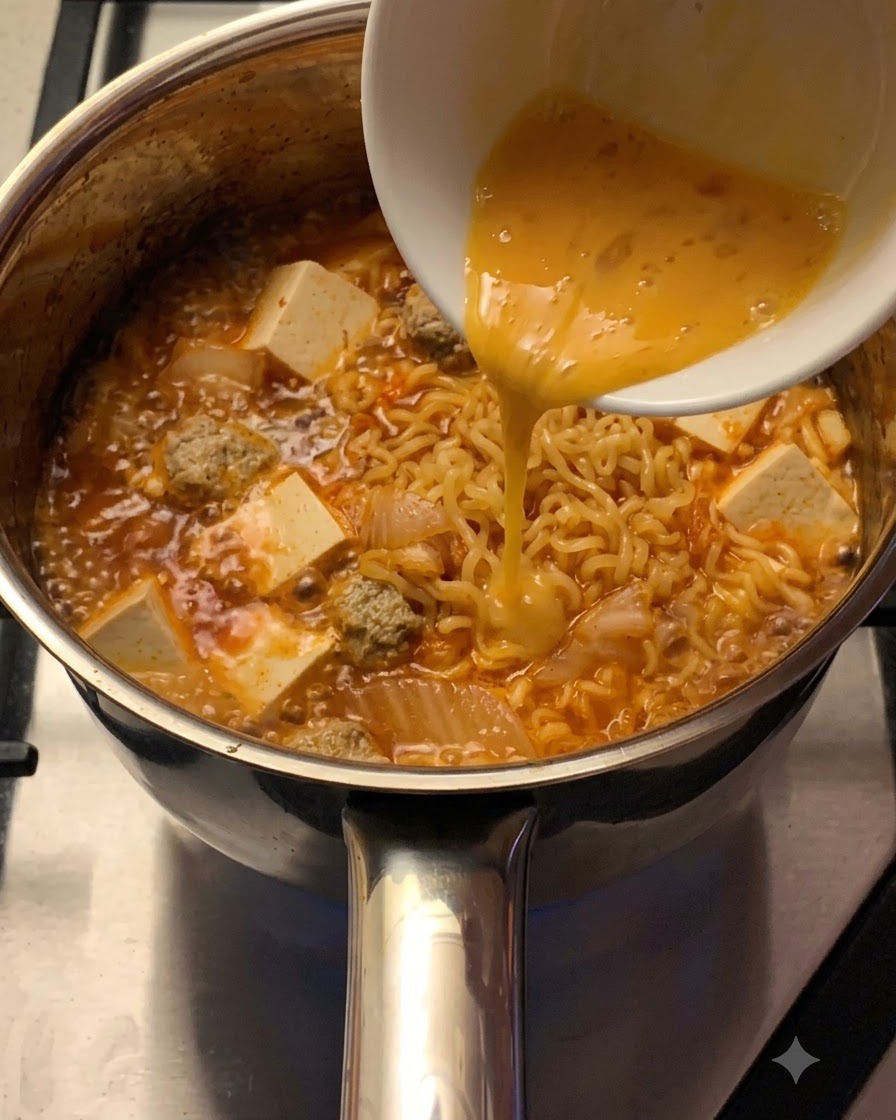 Verquirltes Ei fließt in einem dünnen Strahl aus einer weißen Schüssel in die blubbernde Ramen-Suppe mit Nudeln und Tofu.