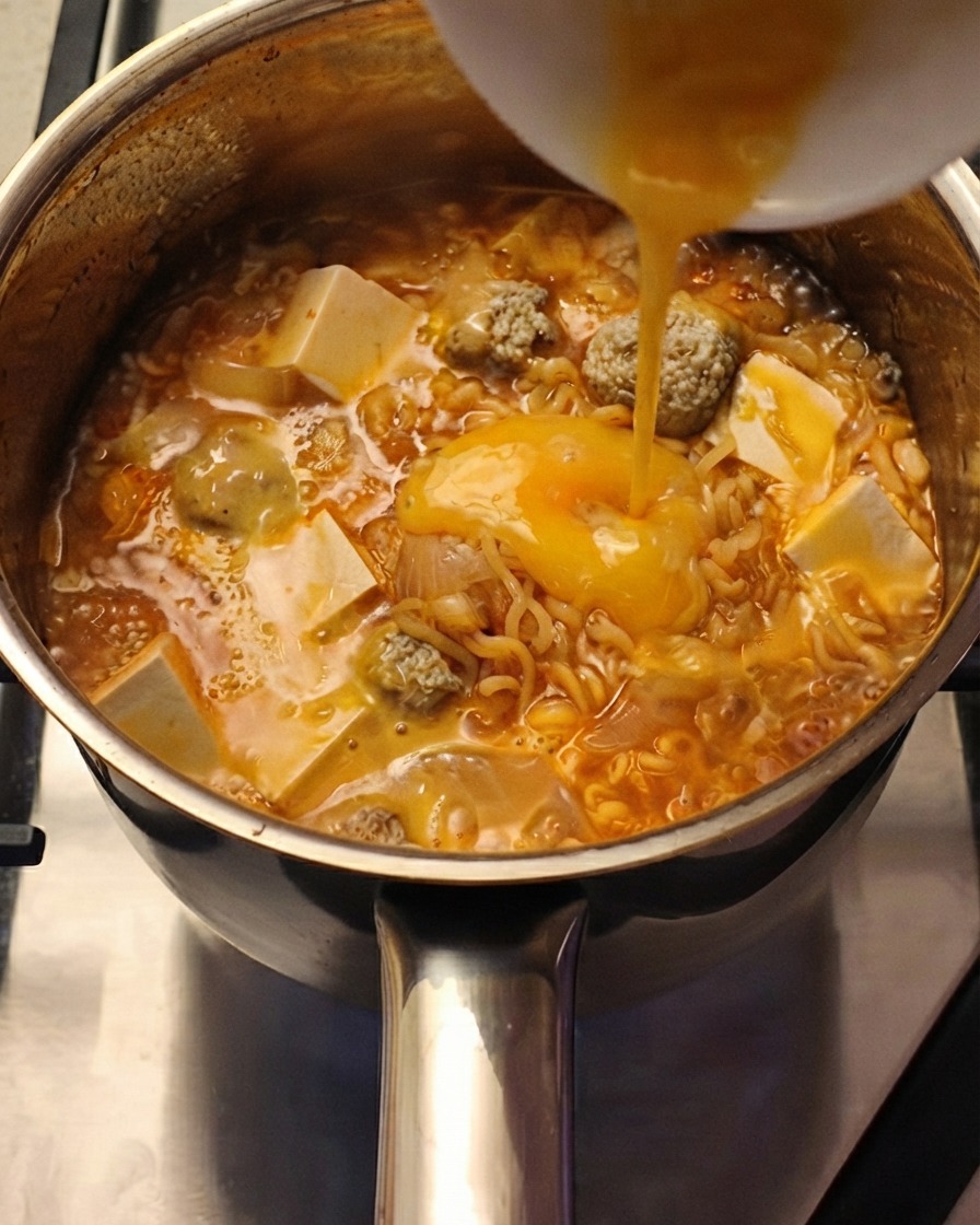 Gehackte Frühlingszwiebeln werden über einen köchelnden Topf mit Nudeln und Eiersuppe gestreut.