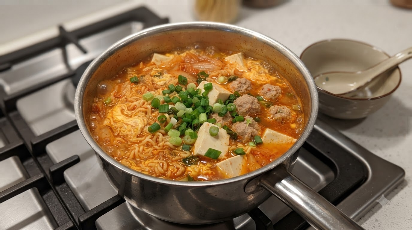 Ein blubbernder Topf Kimchi Shin Ramyun, gefüllt mit Fleischbällchen, weichen Tofuwürfeln, Eierflocken und frischen Frühlingszwiebeln