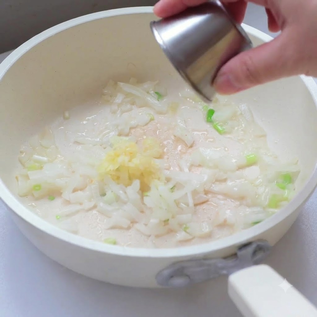 Hackfleisch wird in die Pfanne zu den Aromen gegeben.