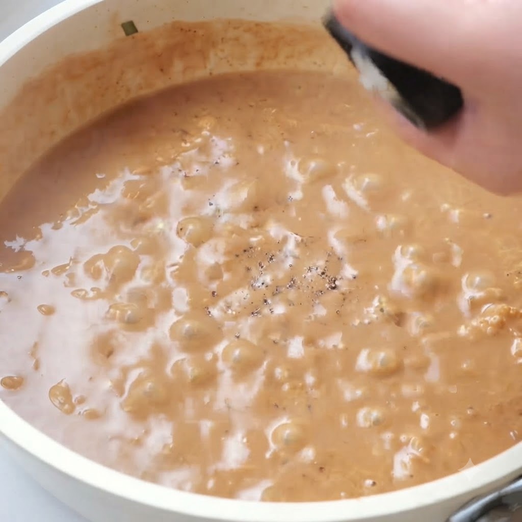 Köchelnde Soße blubbert in einer Pfanne, bestreut mit schwarzem Pfeffer.