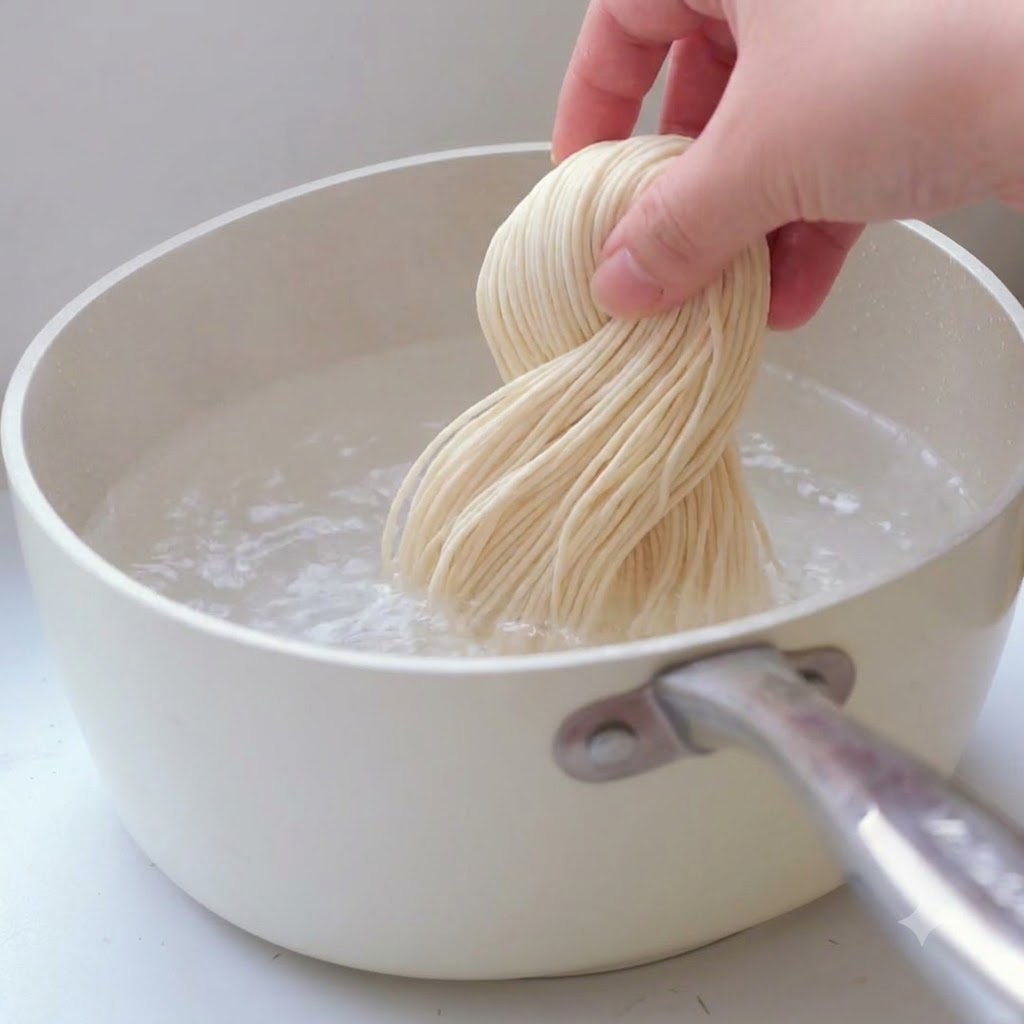 Ein Bündel Ramen-Nudeln wird in einen Topf mit kochendem Wasser getaucht.