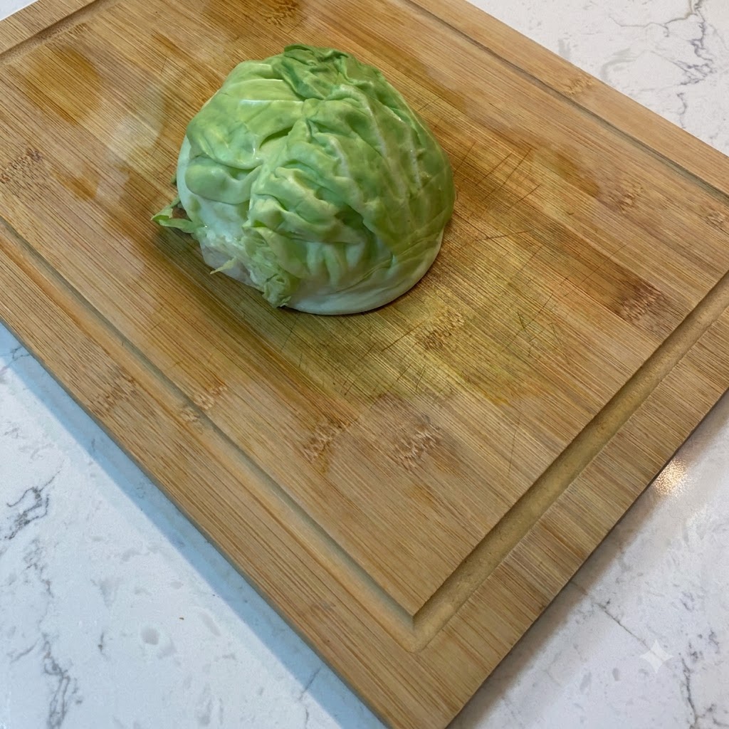 Frischer Kohl wird auf einem Holzschneidebrett in feine Streifen geschnitten.