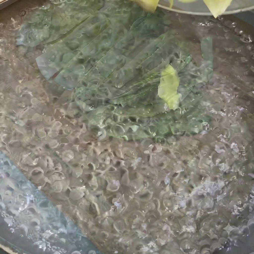 Geraspelter Kohl und Rettich kochen in einem Topf mit Wasser.