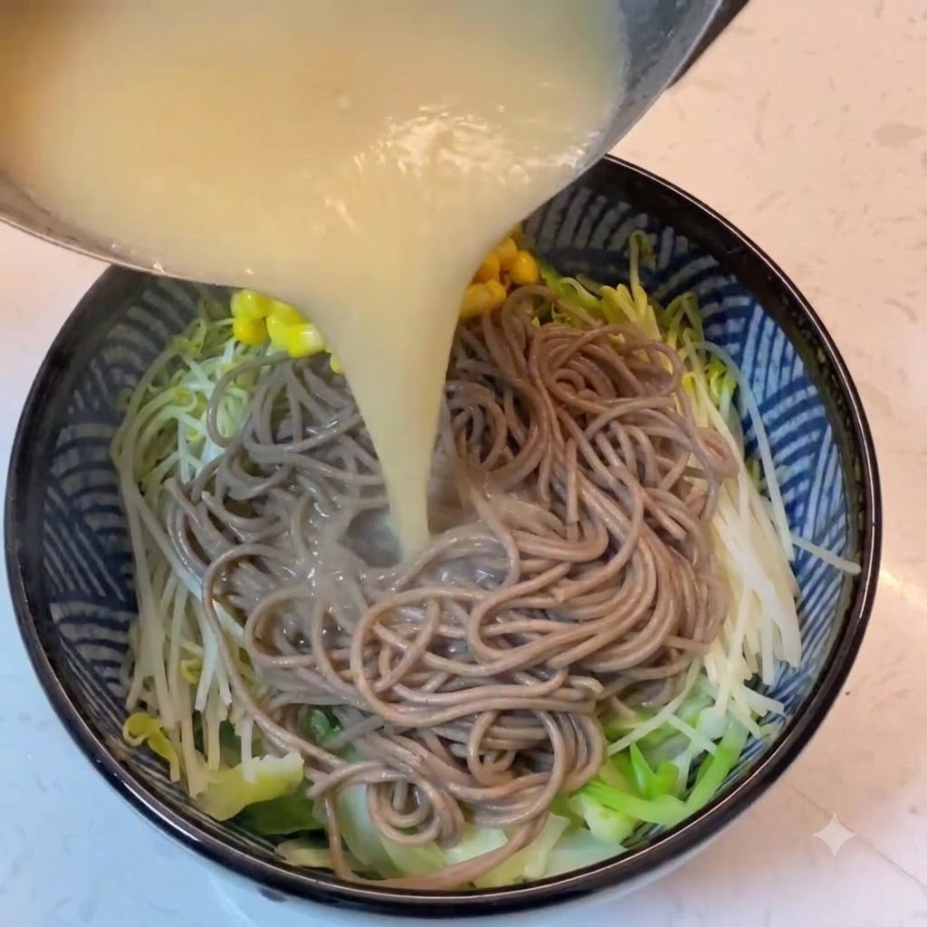 Heiße weiße Miso-Brühe und gelbe Maiskörner werden aus einem Topf in eine Schüssel mit Nudeln und Gemüse gegossen.