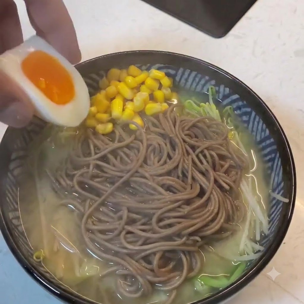 Eine Hand legt ein halbiertes, weichgekochtes Ei mit sattem orangen Eigelb oben auf die vorbereitete Schüssel mit Buchweizen-Miso-Ramen.