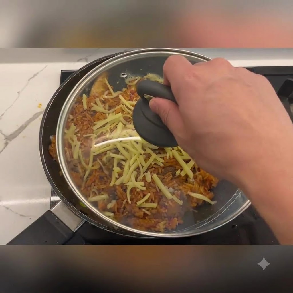 Eine Hand hält einen Glasdeckel am dunklen Griff und setzt ihn fest auf eine Pfanne mit Bratreis und geriebenem Käse.