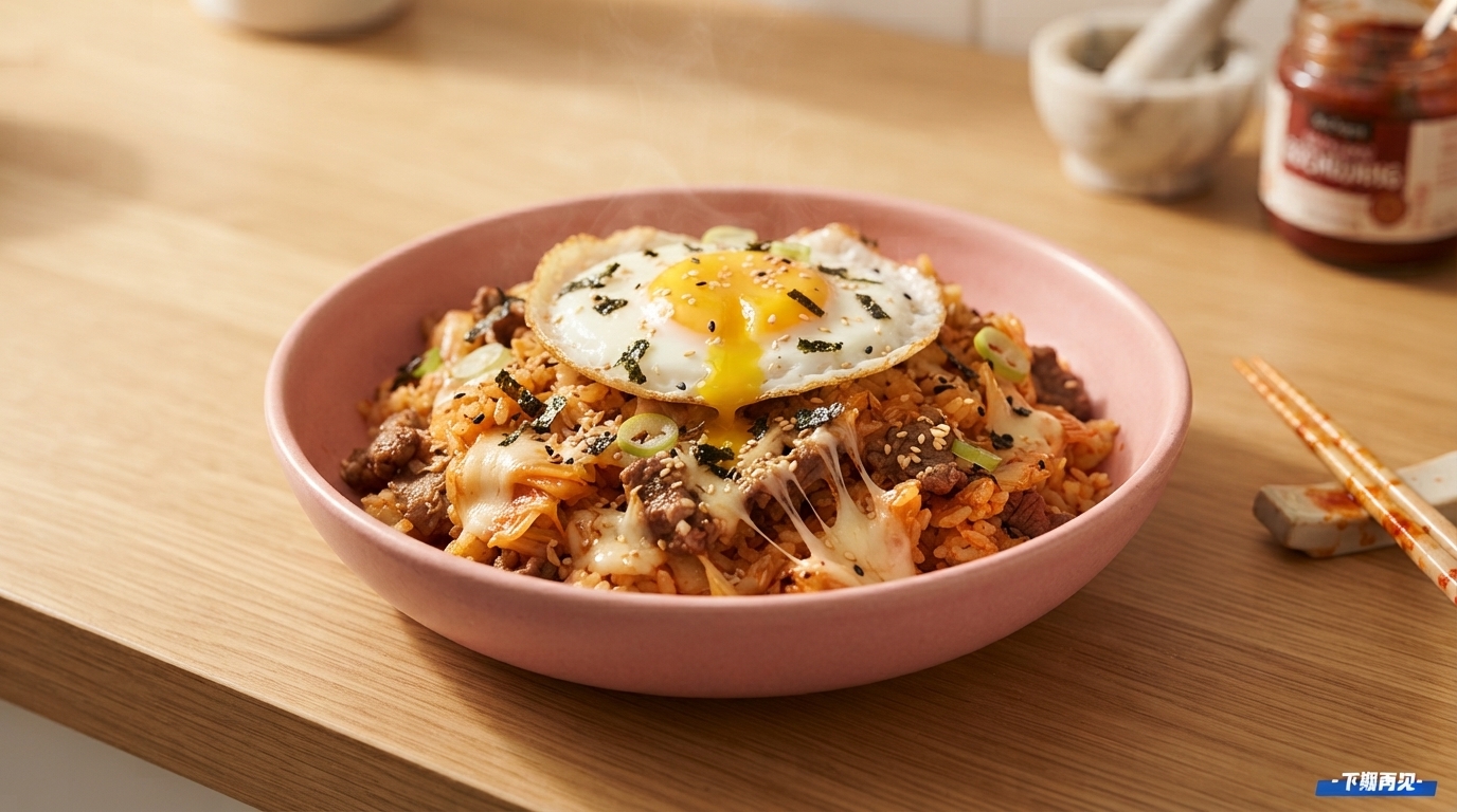 Koreanischer Kimchi-Rinder-Bratreis mit Käse