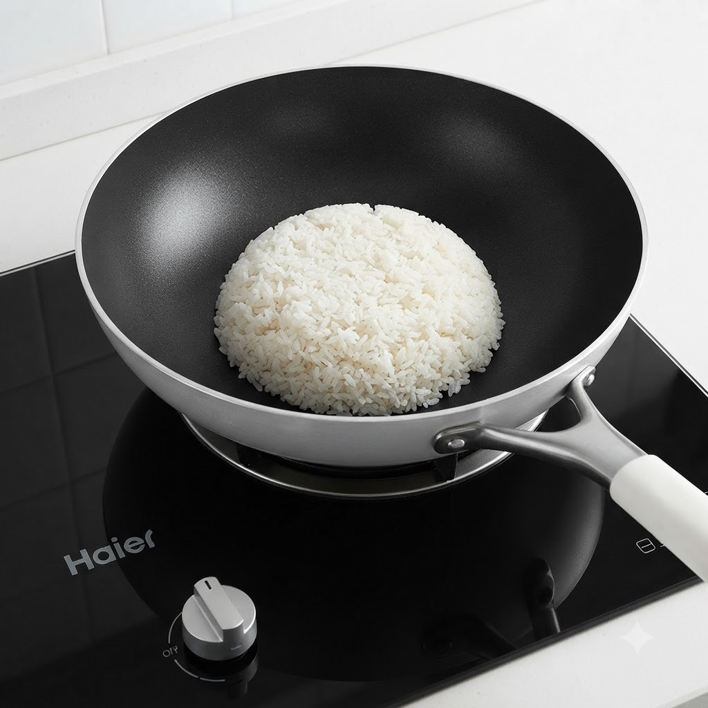 Weißer Reis vom Vortag, Rindfleischstücke und Rührei liegen in einem großen Wok bereit zum Anbraten.