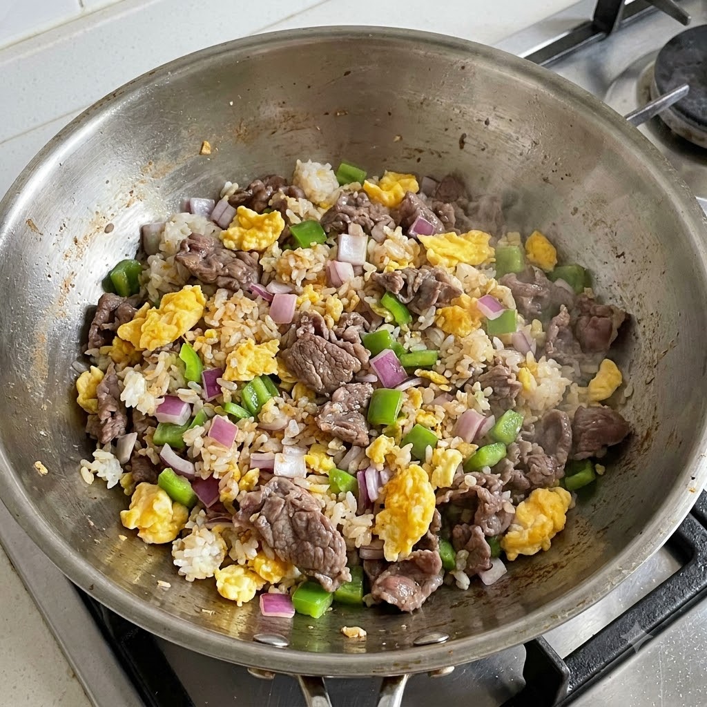 Gewürfelte rote Zwiebeln, grüne Paprika, gekochtes Rindfleisch, Rührei und Reis werden in einem großen Wok vermischt.