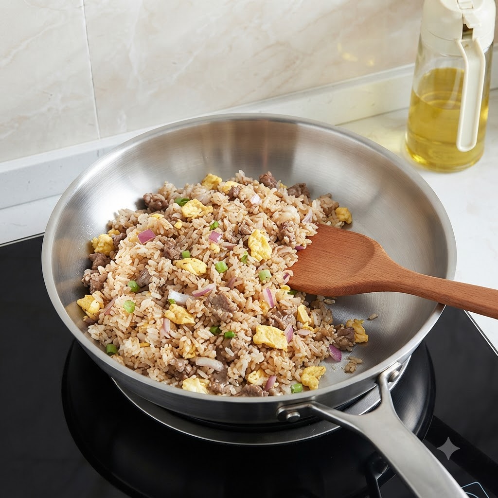 Gebratener Reis wird in einer Stahlpfanne mit Austernsauce und schwarzem Pfeffer gewürzt.