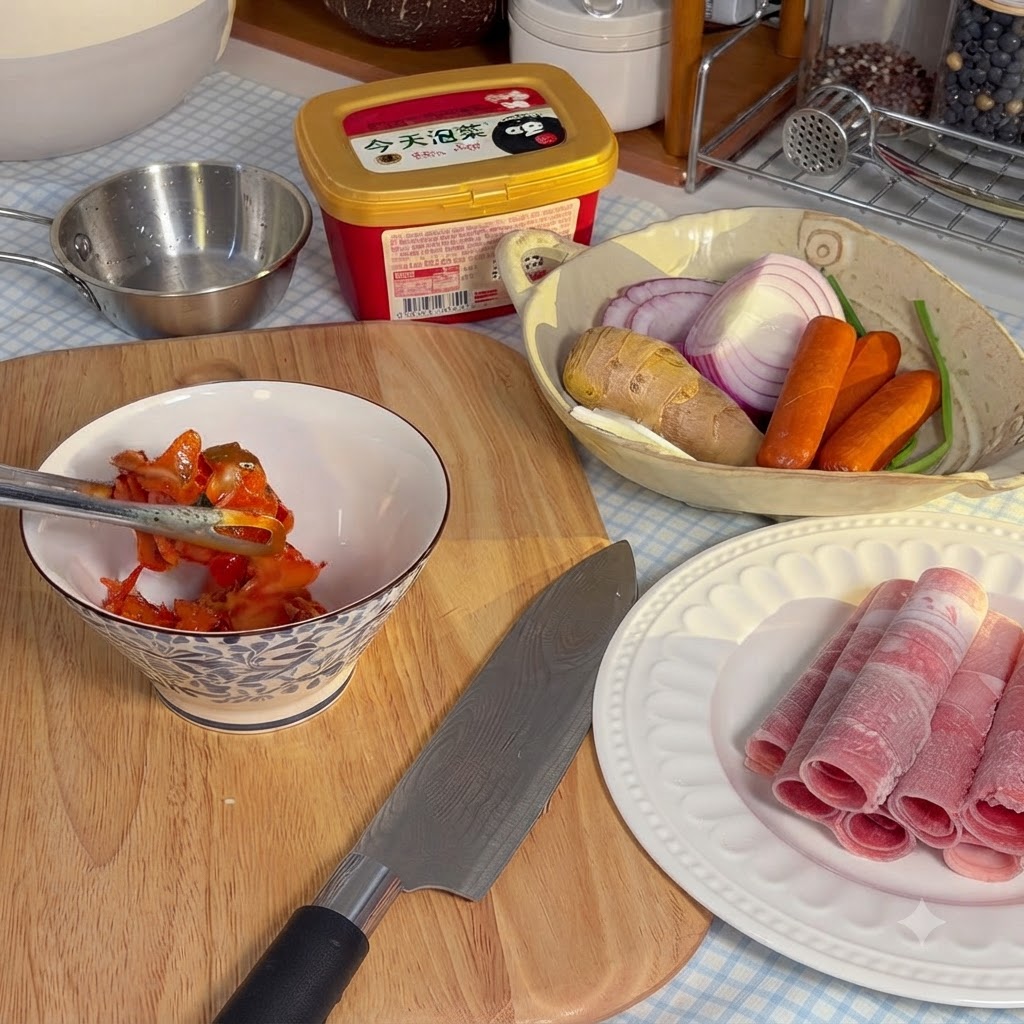 Kimchi-Stücke werden mit einer Küchenschere in einer gemusterten Keramikschüssel zerkleinert.