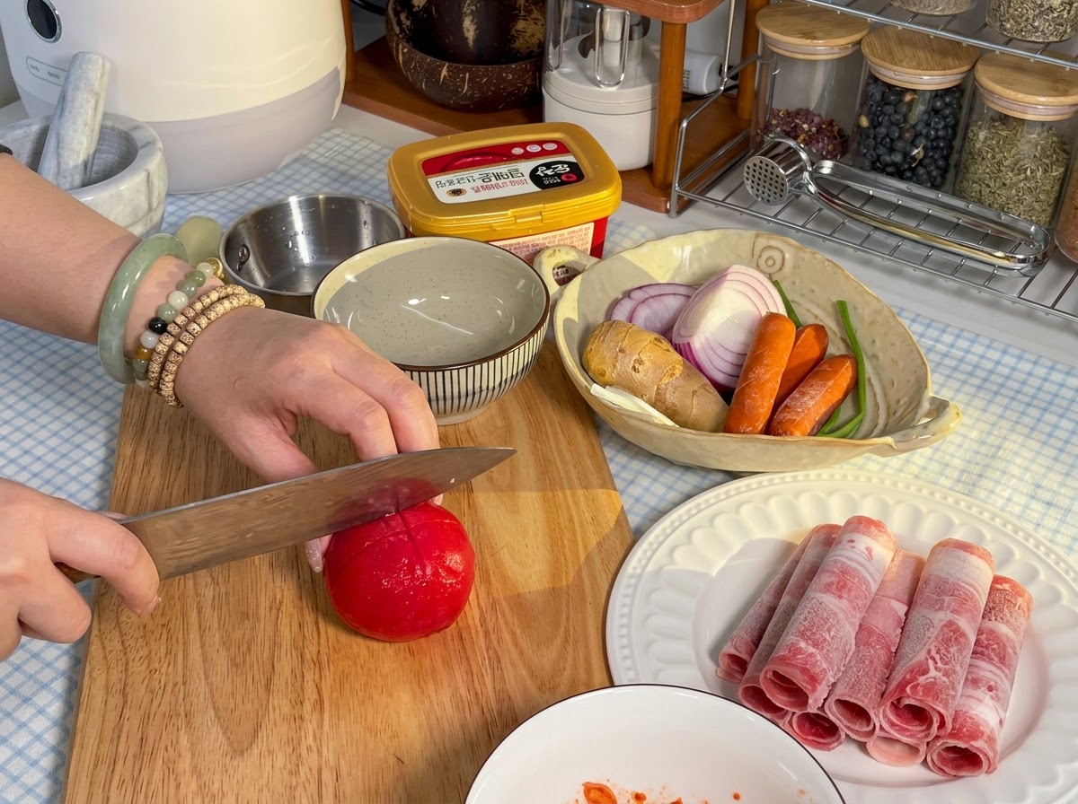Eine rote Tomate wird mit einem Messer auf einem Holzschneidebrett neben einem Teller mit geschnittenem Rindfleisch geschnitten.