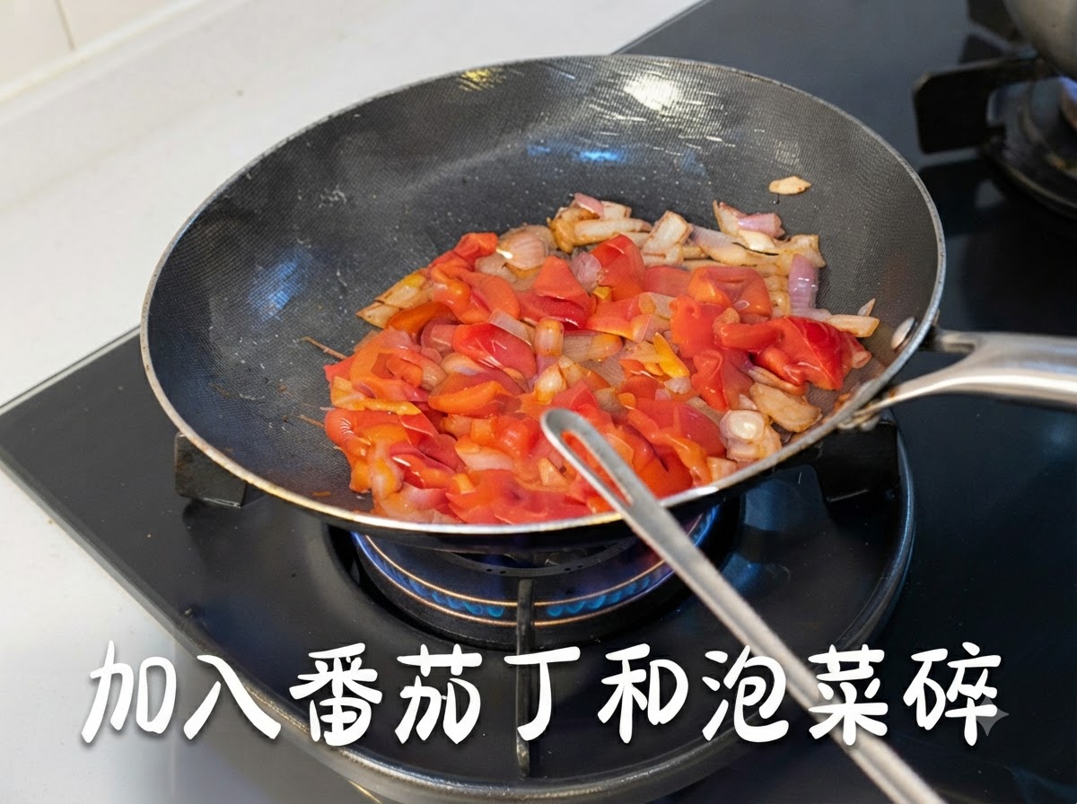 Gewürfelte Tomaten und gehacktes Kimchi werden mit Zwiebeln in einer Bratpfanne angebraten.
