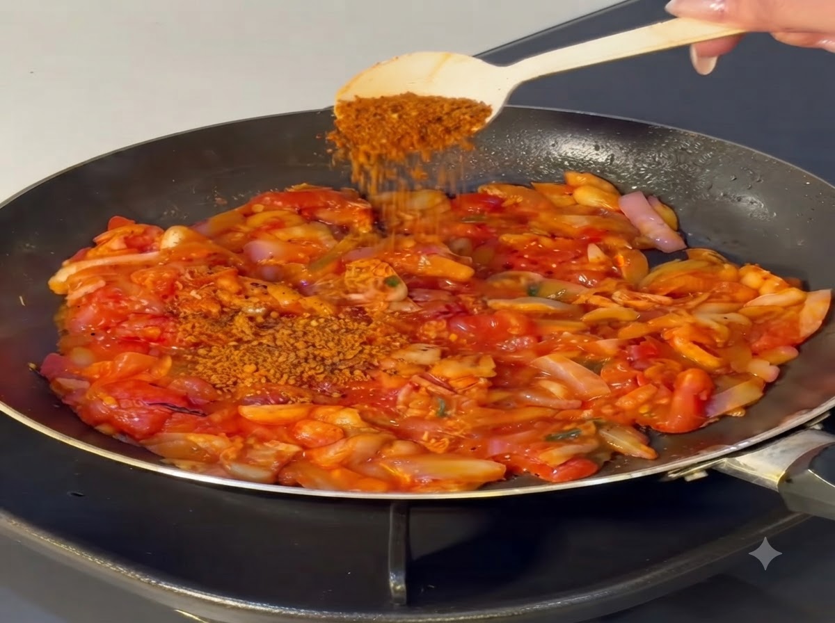 Ein Löffel Chilipulver wird über die köchelnde Tomaten-Zwiebel-Mischung gestreut.