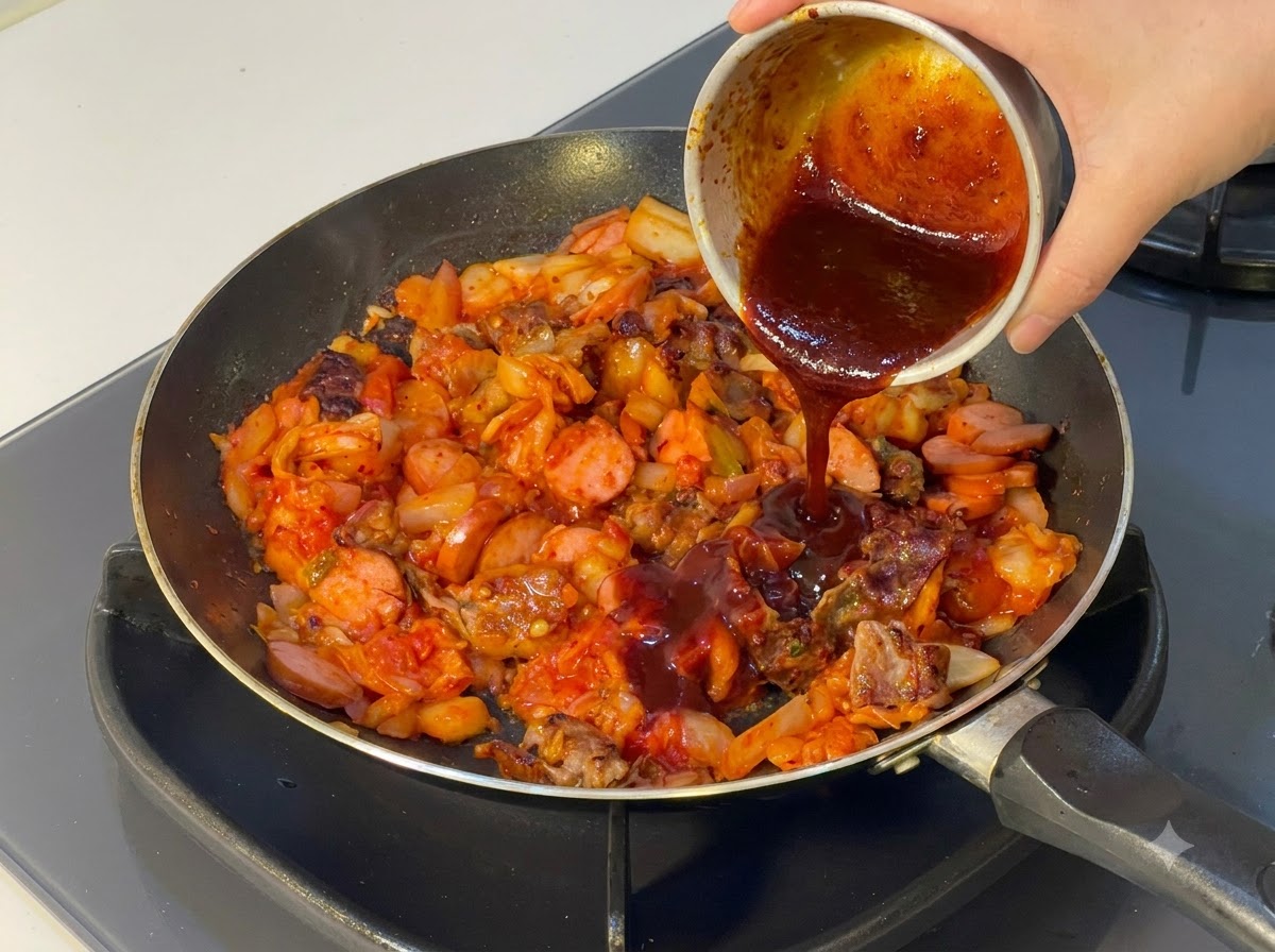 Vorbereitete dunkle Sauce wird aus einer kleinen Schüssel in die Bratpfanne gegossen.